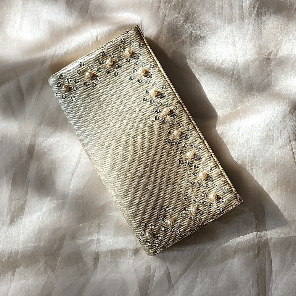 Vintage Magid Silver Gold Fabric Evening Clutch with Embellishment, $45